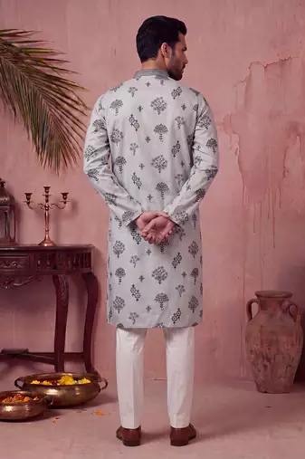 Mens silk blend embroidered solid blue kurta with trousers