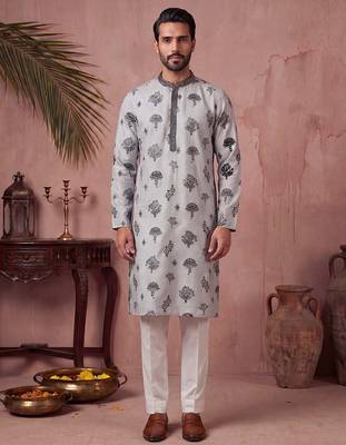 Mens silk blend embroidered solid blue kurta with trousers 5