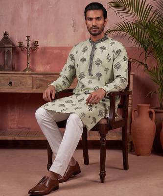 Mens silk blend embroidered solid green kurta with trousers 1