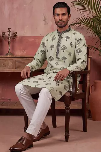 Mens silk blend embroidered solid green kurta with trousers