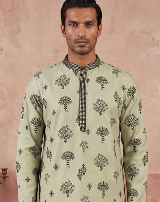 Mens silk blend embroidered solid green kurta with trousers 2