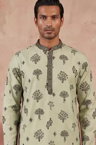 Mens silk blend embroidered solid green kurta with trousers