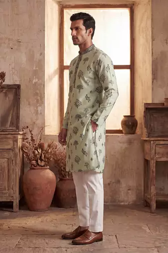 Mens silk blend embroidered solid green kurta with trousers