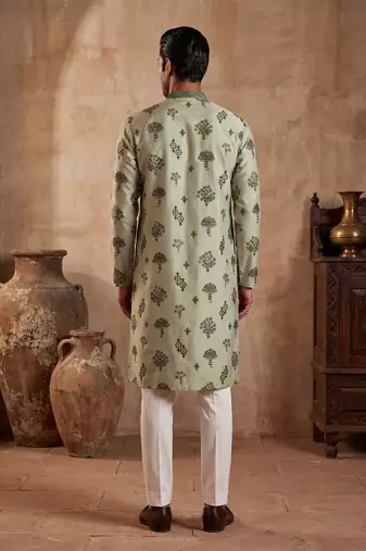 Mens silk blend embroidered solid green kurta with trousers