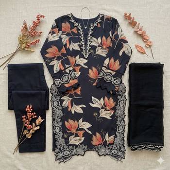 navy blue crepe printed kurta set with thread embroidery 3