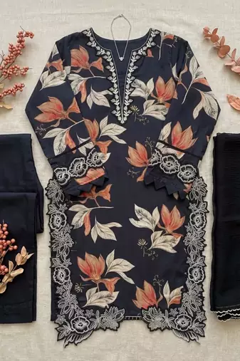 navy blue crepe printed kurta set with thread embroidery