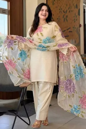 Cream floral printed farshi salwar kameez