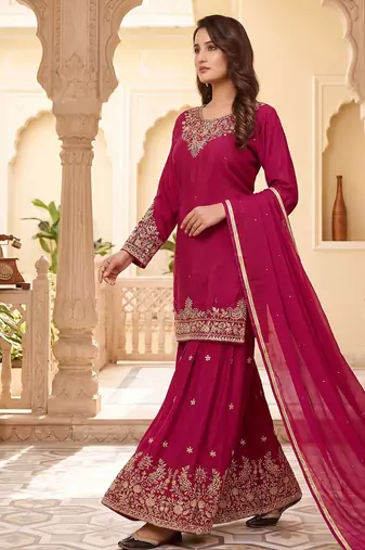 Womens new elegant rani pink embroidered sharara suit with golden zari work and chiffon dupatta
