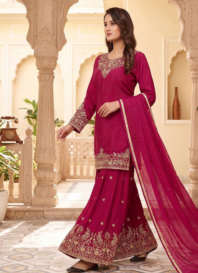 Womens new elegant rani pink embroidered sharara suit with golden zari work and chiffon dupatta