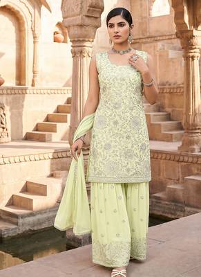 Womens georgette embroidered sharara set with sequence work and lace border dupatta 2