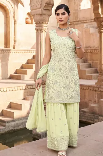 Womens  new designer georgette embroidered sharara set with sequence work and lace border dupatta