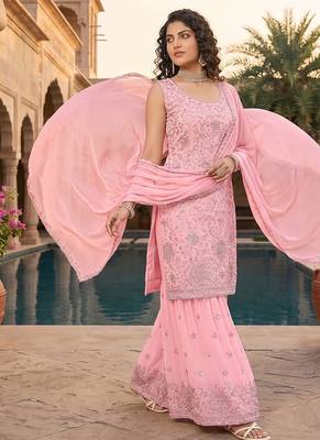 Womens new  georgette embroidered sharara set with sequence work and lace border dupatta 2