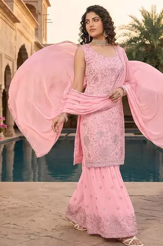 Womens  new designer georgette embroidered sharara set with sequence work and lace border dupatta