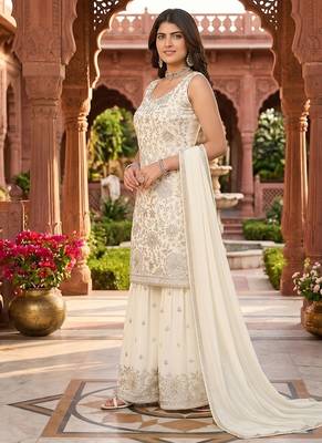 Womens new  georgette embroidered sharara set with sequence work and lace border dupatta 2
