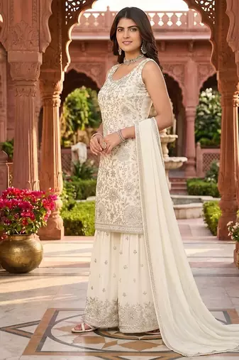 Womens  new designer georgette embroidered sharara set with sequence work and lace border dupatta