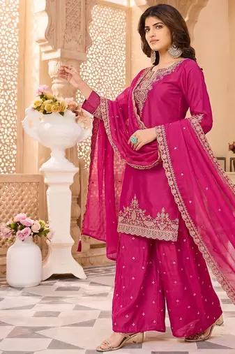 Womens new stylish silk embroidered sharara suit with golden zari work and lace border dupatta