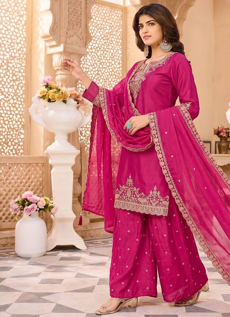 Womens new stylish silk embroidered sharara suit with golden zari work and lace border dupatta