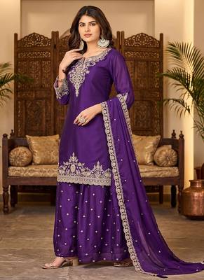 Womens new silk embroidered sharara suit with golden zari work and lace border dupatta 1
