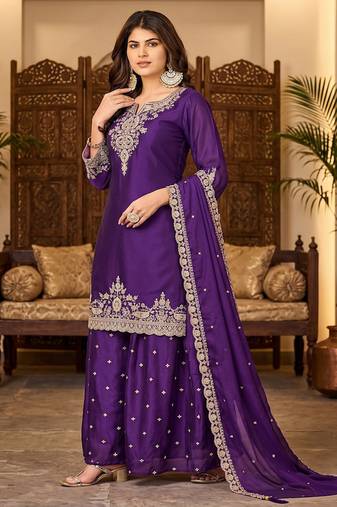 Womens new stylish silk embroidered sharara suit with golden zari work and lace border dupatta