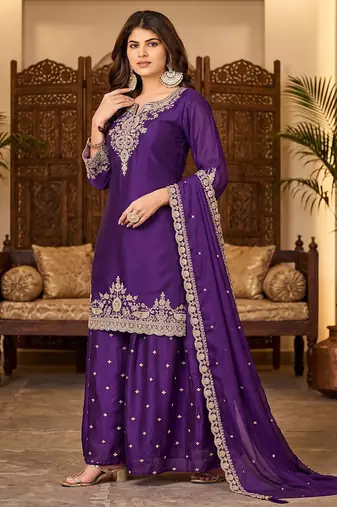 Womens new stylish silk embroidered sharara suit with golden zari work and lace border dupatta