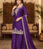Womens new silk embroidered sharara suit with golden zari work and lace border dupatta