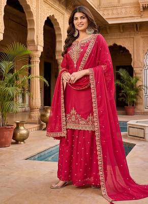 Womens new silk embroidered sharara suit with golden zari work and lace border dupatta 1