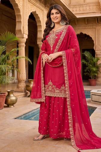 Womens new stylish silk embroidered sharara suit with golden zari work and lace border dupatta
