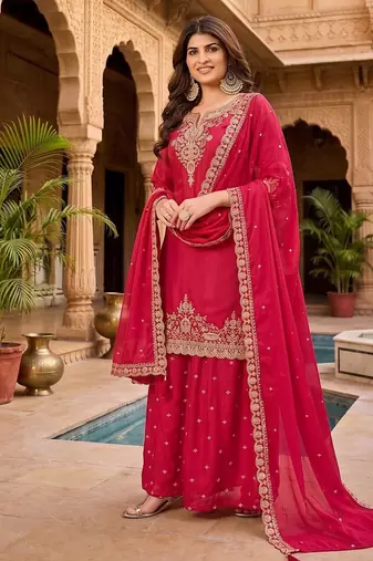 Womens new stylish silk embroidered sharara suit with golden zari work and lace border dupatta