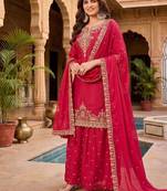 Womens new  silk embroidered sharara suit with golden zari work and lace border dupatta