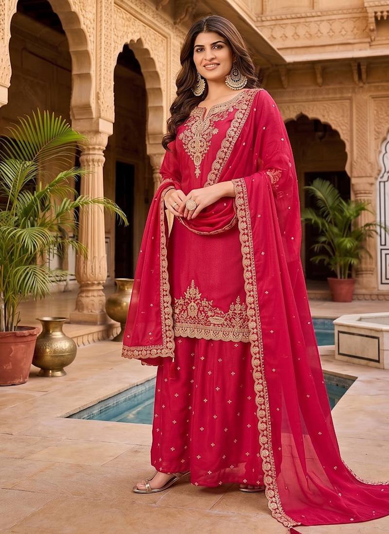 Womens new stylish silk embroidered sharara suit with golden zari work and lace border dupatta