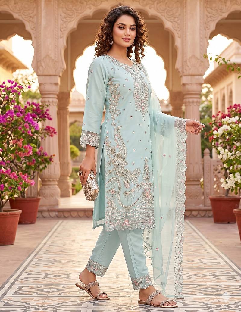 Womens new trendy silk with heavy embroiedery with sequence work kurta set