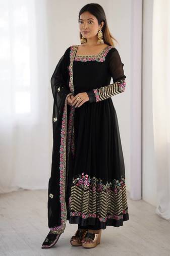 Black Heavy Georgette Anarkali Set with Multi-Thread Sequence Work