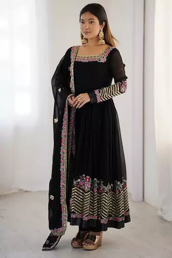 Black Heavy Georgette Anarkali Set with Multi-Thread Sequence Work
