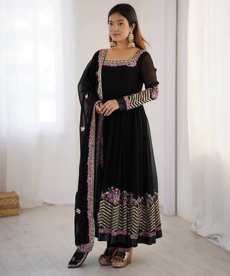 Black Heavy Georgette Anarkali Set with Multi-Thread Sequence Work