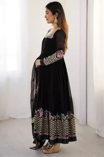 Black Heavy Georgette Anarkali Set with Multi-Thread Sequence Work