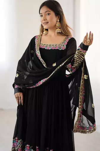 Black Heavy Georgette Anarkali Set with Multi-Thread Sequence Work