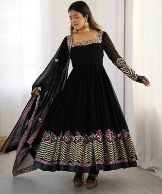 Black Heavy Georgette Anarkali Set with Multi-Thread Sequence Work 4