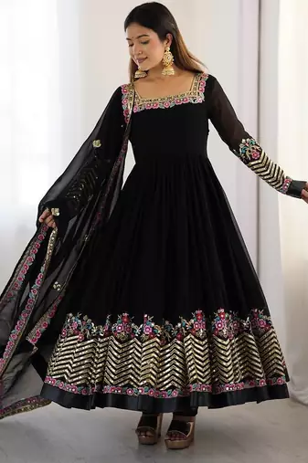 Black Heavy Georgette Anarkali Set with Multi-Thread Sequence Work