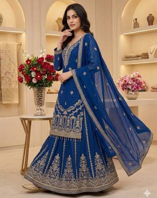 Royal blue embroidered sharara suit 3