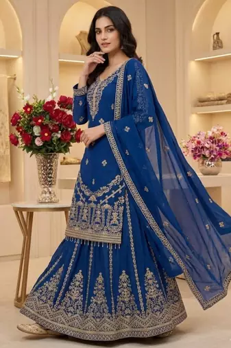 Royal blue embroidered sharara suit