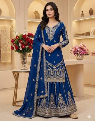 Royal blue embroidered sharara suit 4