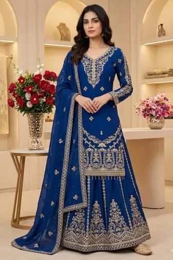 Royal blue embroidered sharara suit