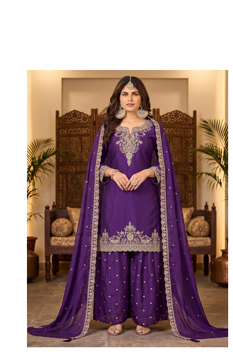 Womens new silk embroidered sharara suit with golden zari work and lace border dupatta 2