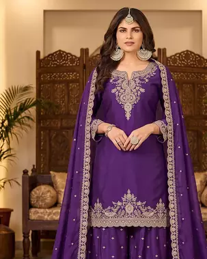 Womens new silk embroidered sharara suit with golden zari work and lace border dupatta