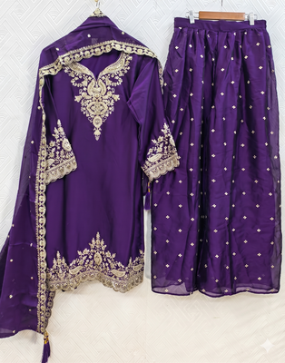Womens new silk embroidered sharara suit with golden zari work and lace border dupatta 3