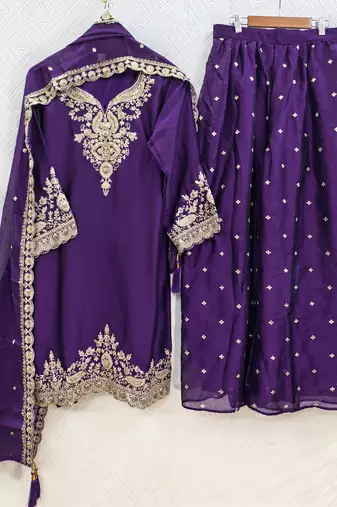 Womens new silk embroidered sharara suit with golden zari work and lace border dupatta