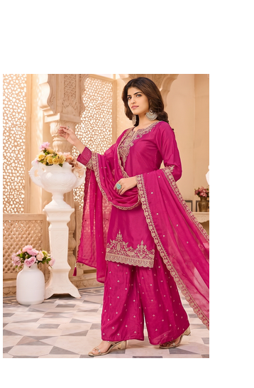 Womens silk embroidered sharara suit with golden zari work and lace border dupatta 2