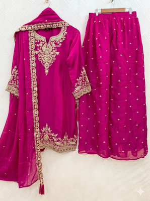 Womens silk embroidered sharara suit with golden zari work and lace border dupatta 3