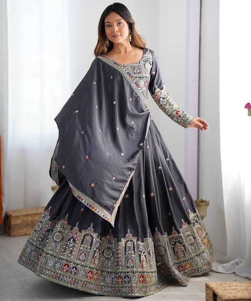 Grey Color Dori With Thread & Sequence Work Lehenga Choli Set