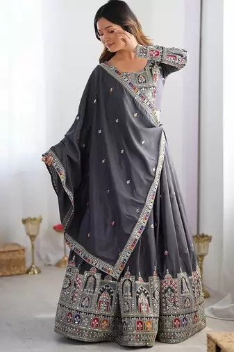 Grey Color Dori With Thread & Sequence Work Lehenga Choli Set
